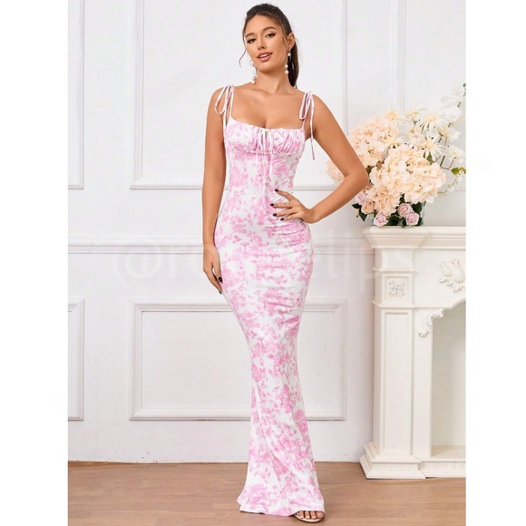 Floral Print Pink on White Long Dress Sheath, Drawstring Ties Maxi Stretchy - Picture 5 of 15